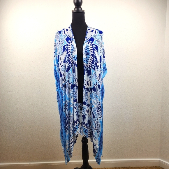 Woven Heart Women's Open Front Kimono One Size Boho Festival Blue Pool Beach - Picture 1 of 5